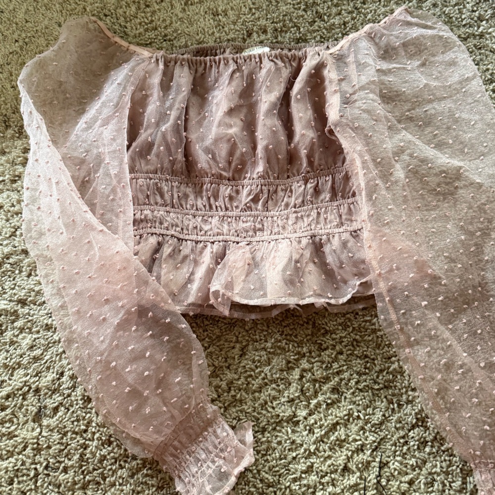 sheer puff pink polka dot long sleeve